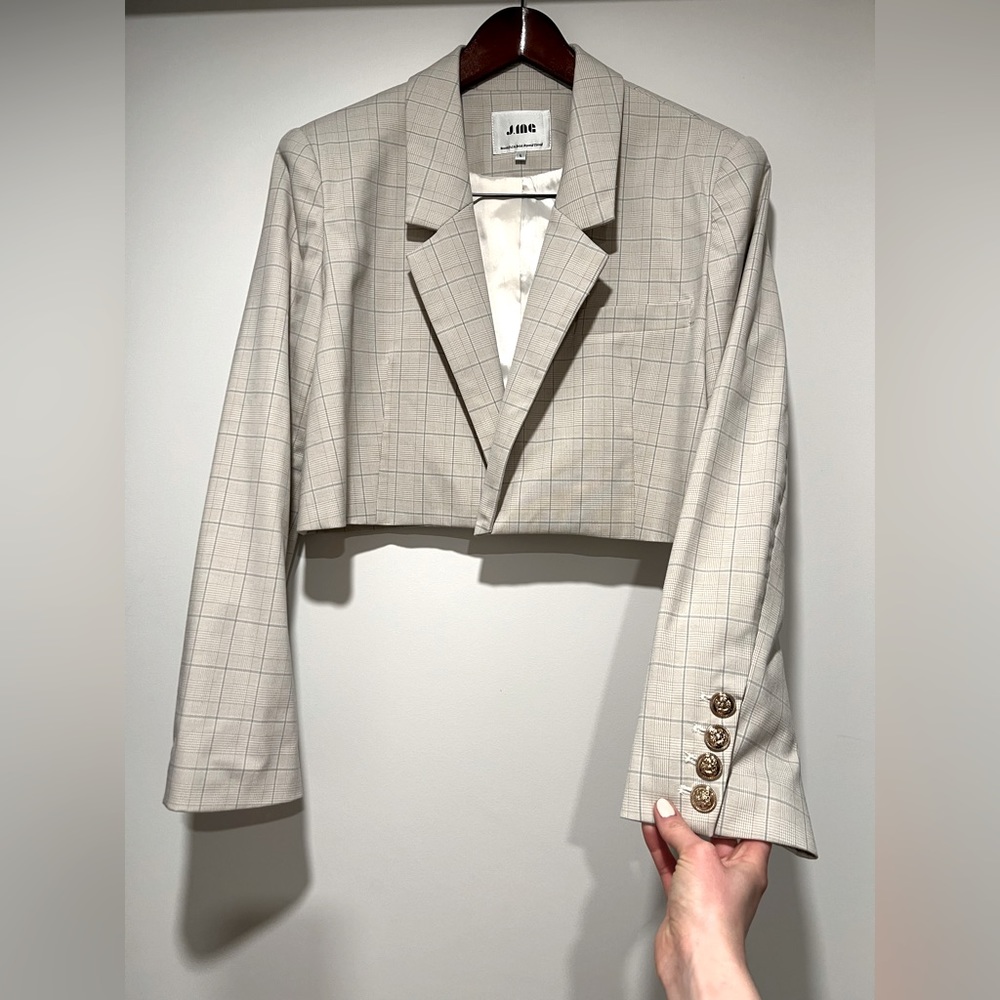 Crop blazer - Plaid, grey, gold buttons